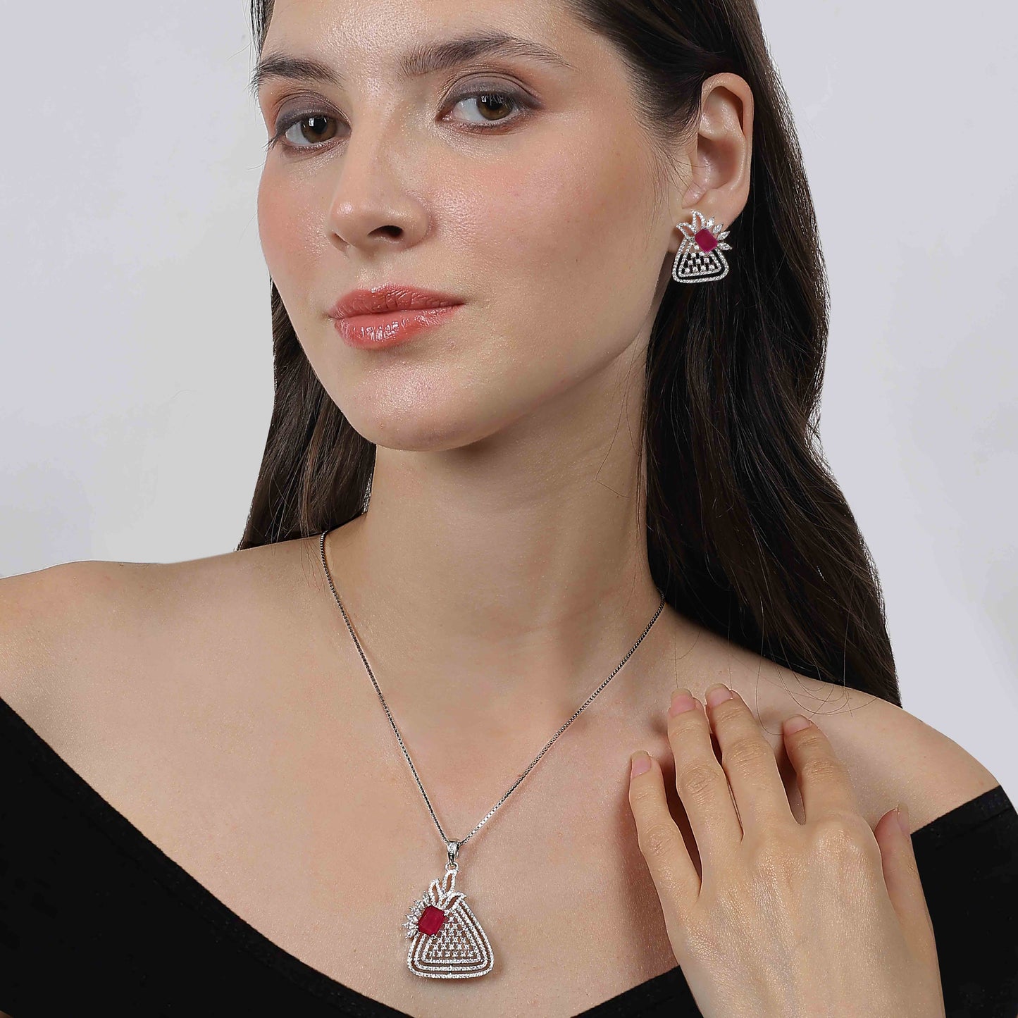 Aryna Crimson Bloom Silver Chain Set