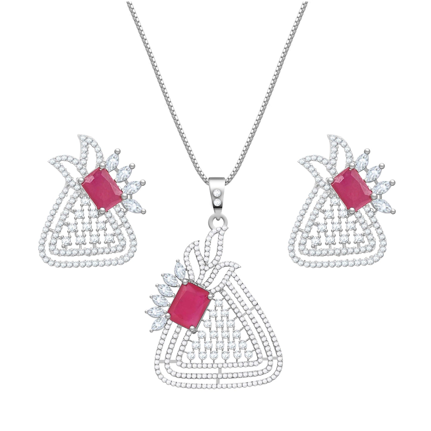 Aryna Crimson Bloom Silver Chain Set