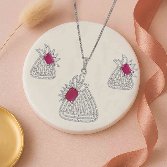 Aryna Crimson Bloom Silver Chain Set