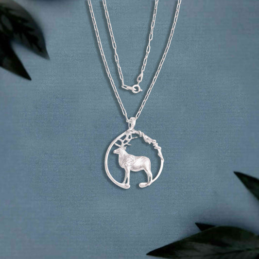 Stag Circle Silver Chain Pendant