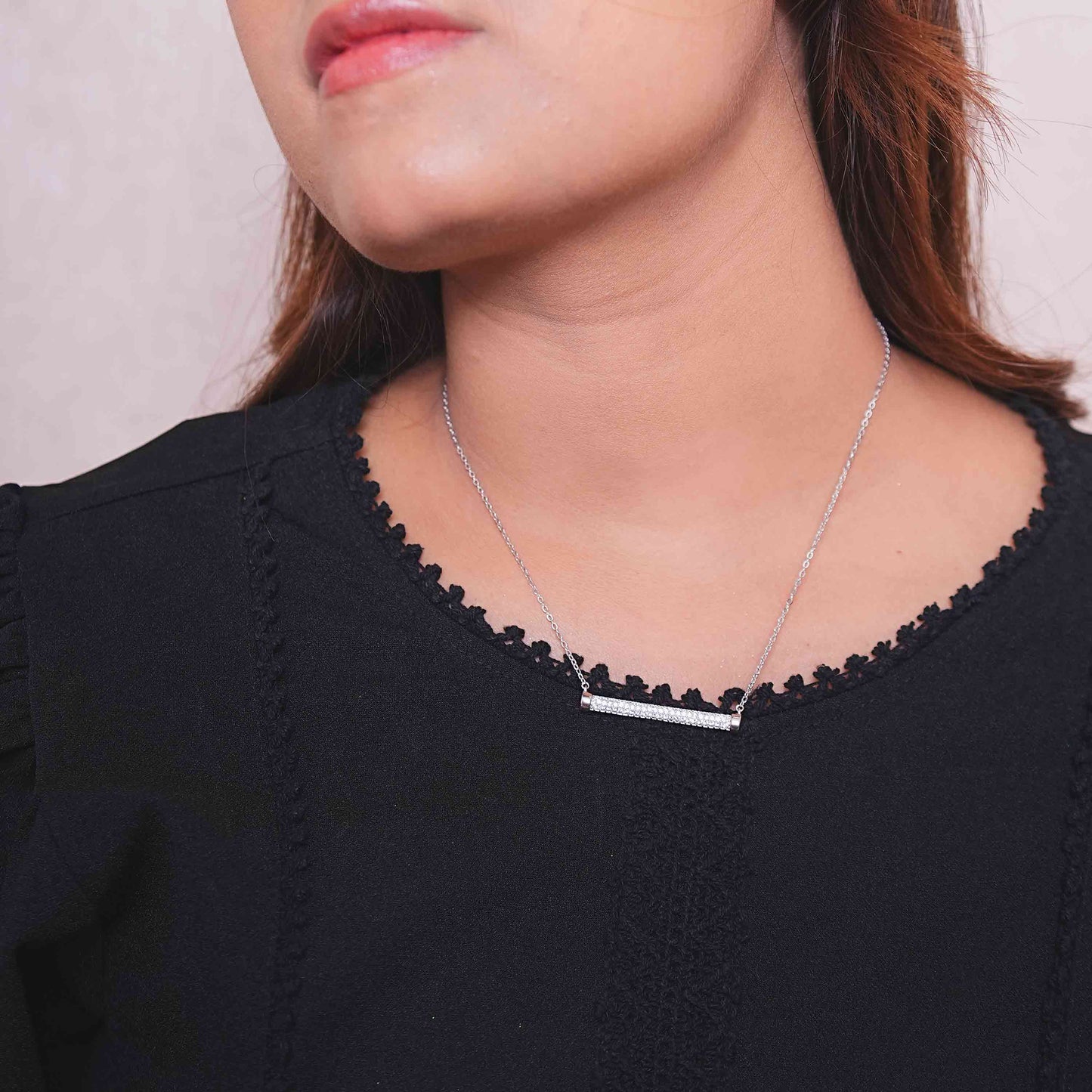 Pave Bar Silver Chain Pendant