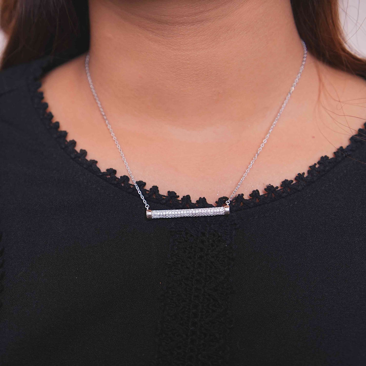 Pave Bar Silver Chain Pendant