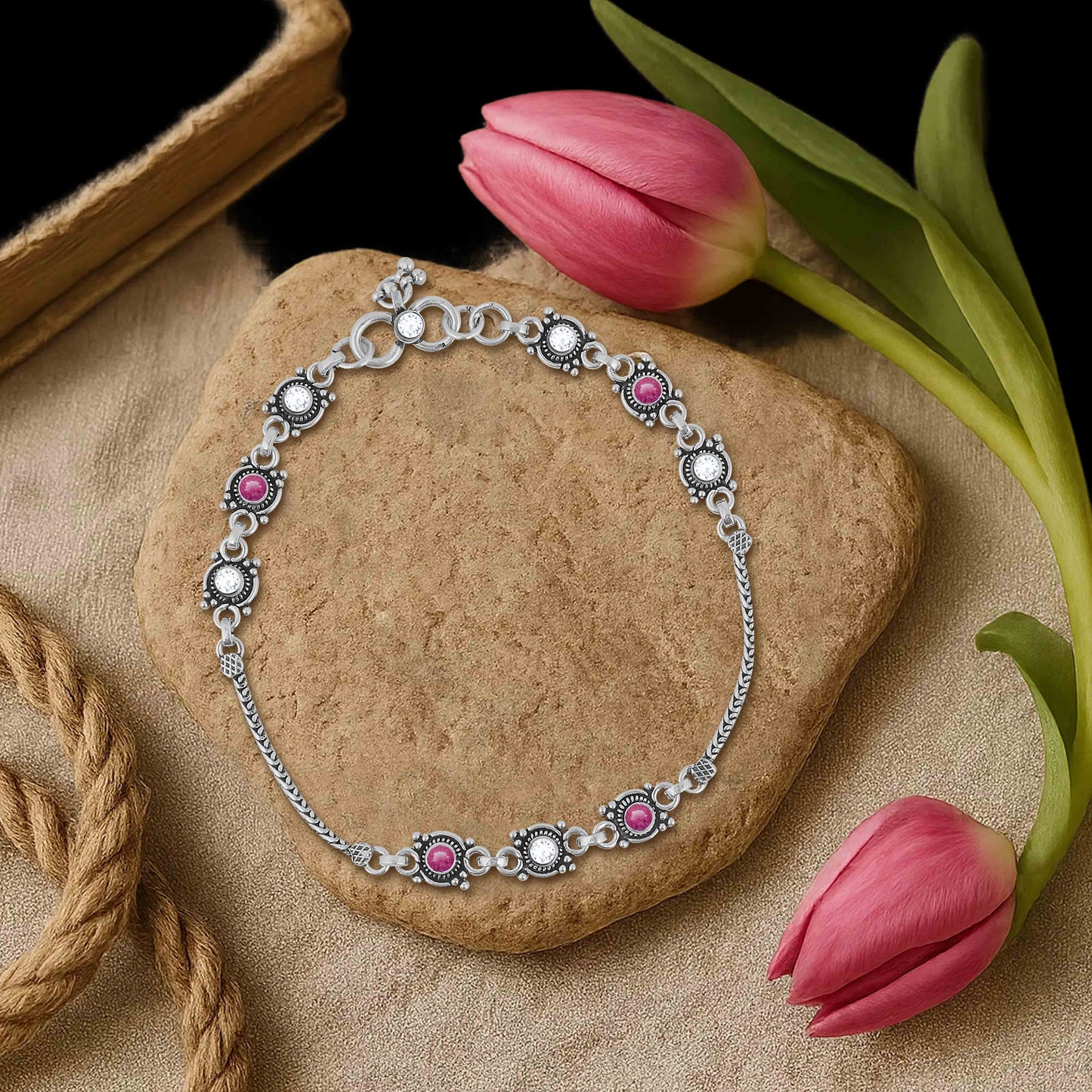 Aryna Crimson Bloom Silver Anklet