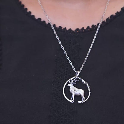 Stag Circle Silver Chain Pendant